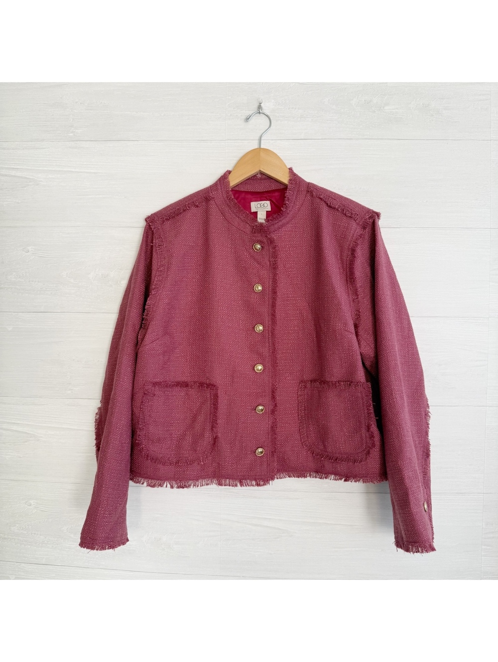 LOGO Lori Goldstein Raspberry Frayed Tweed Jacket L Button Front Fringe